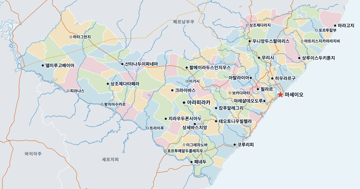 알라고아스주 지도(주요 도시 포함)