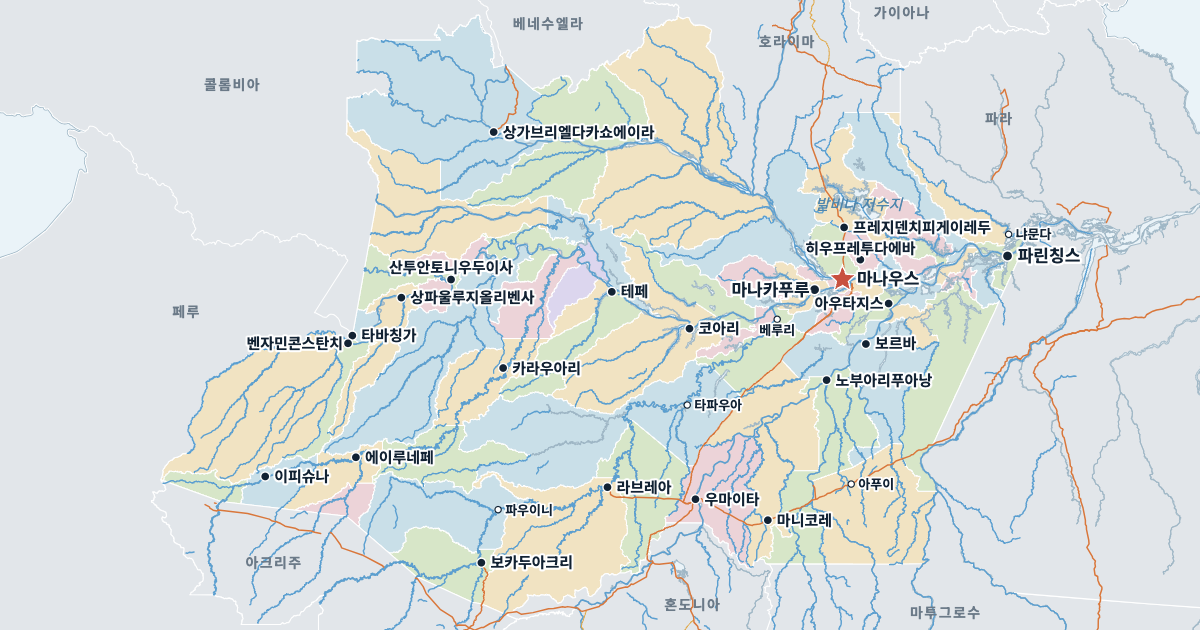 아마조나스주 지도(주요 도시 포함)