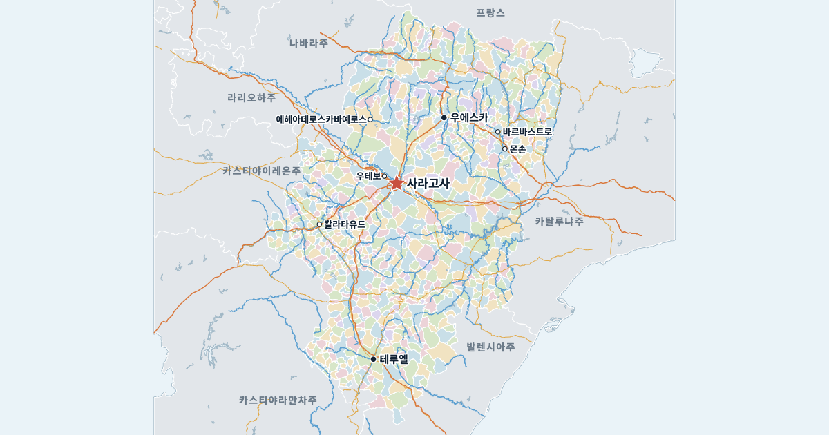 아라곤주 지도(주요 도시 포함)