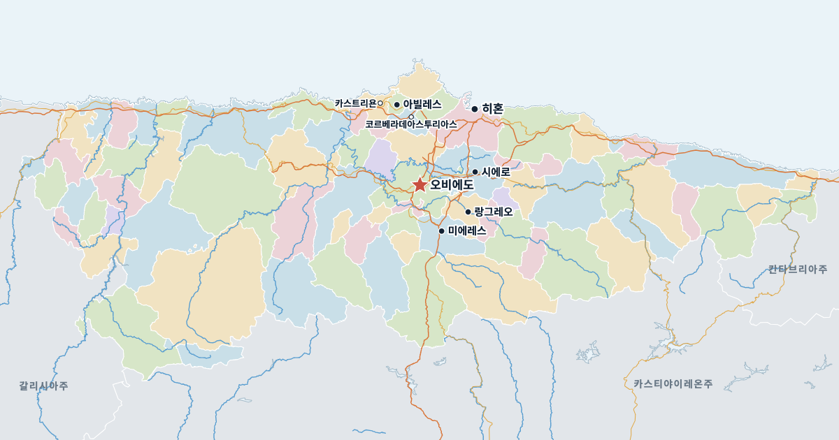 아스투리아스주 지도(주요 도시 포함)