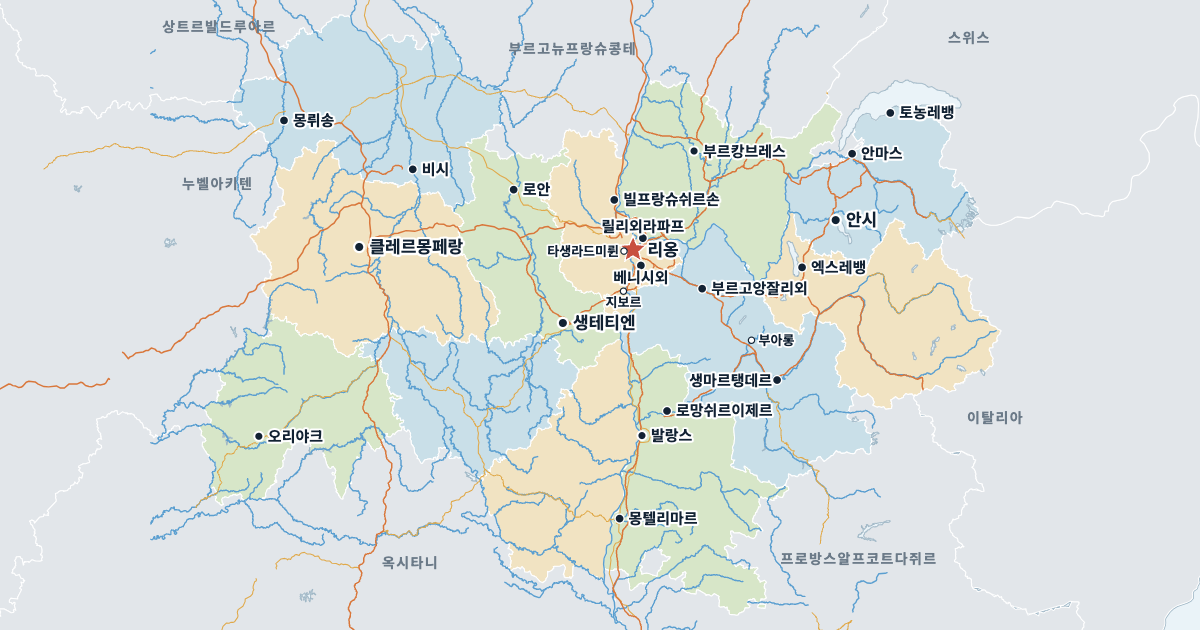 오베르뉴론알프 지도(주요 도시 포함)