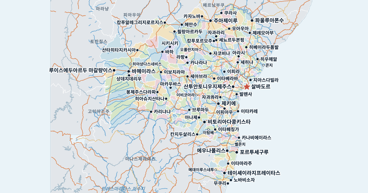바이아주 지도(주요 도시 포함)