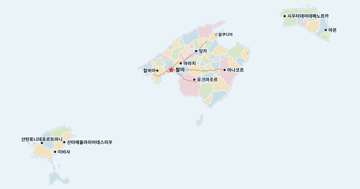 발레아레스 제도 지도(주요 도시 포함)