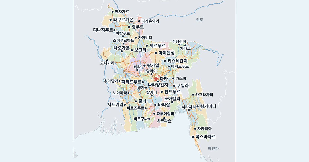 방글라데시 지도(주요 도시 포함)
