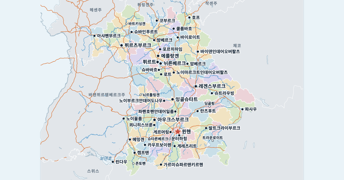 바이에른주 지도(주요 도시 포함)
