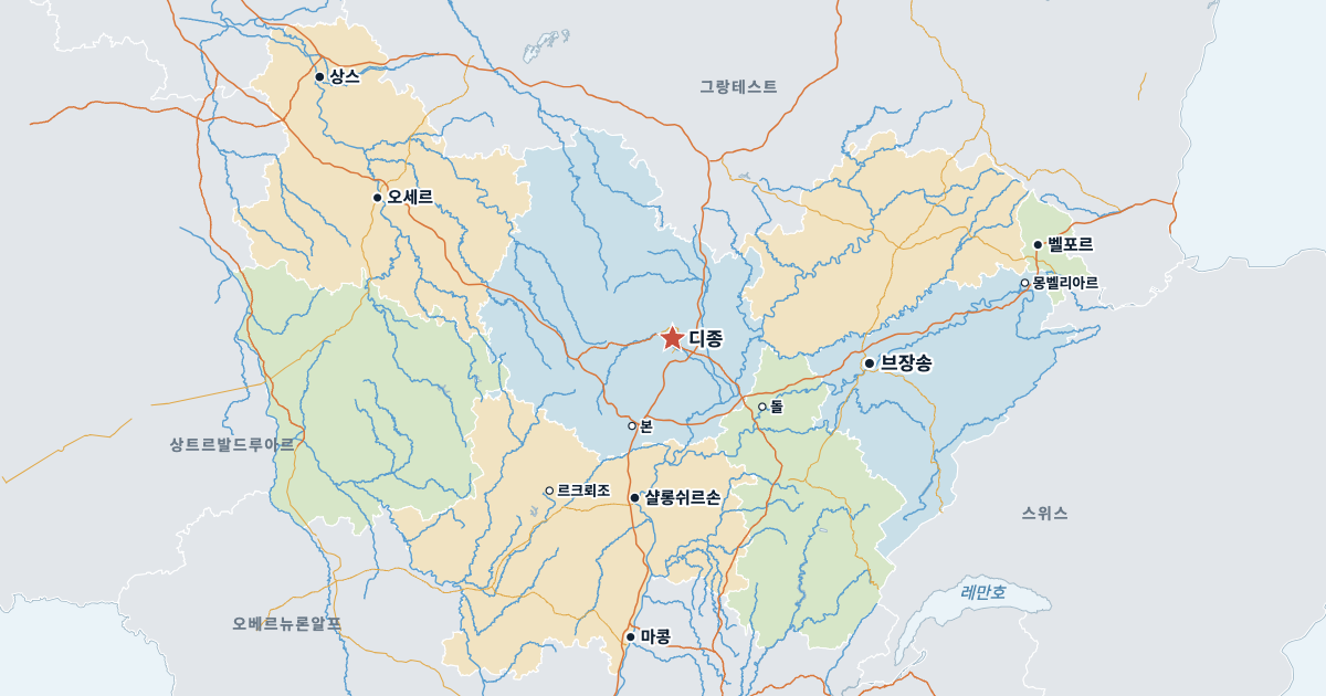 부르고뉴프랑슈콩테 지도(주요 도시 포함)