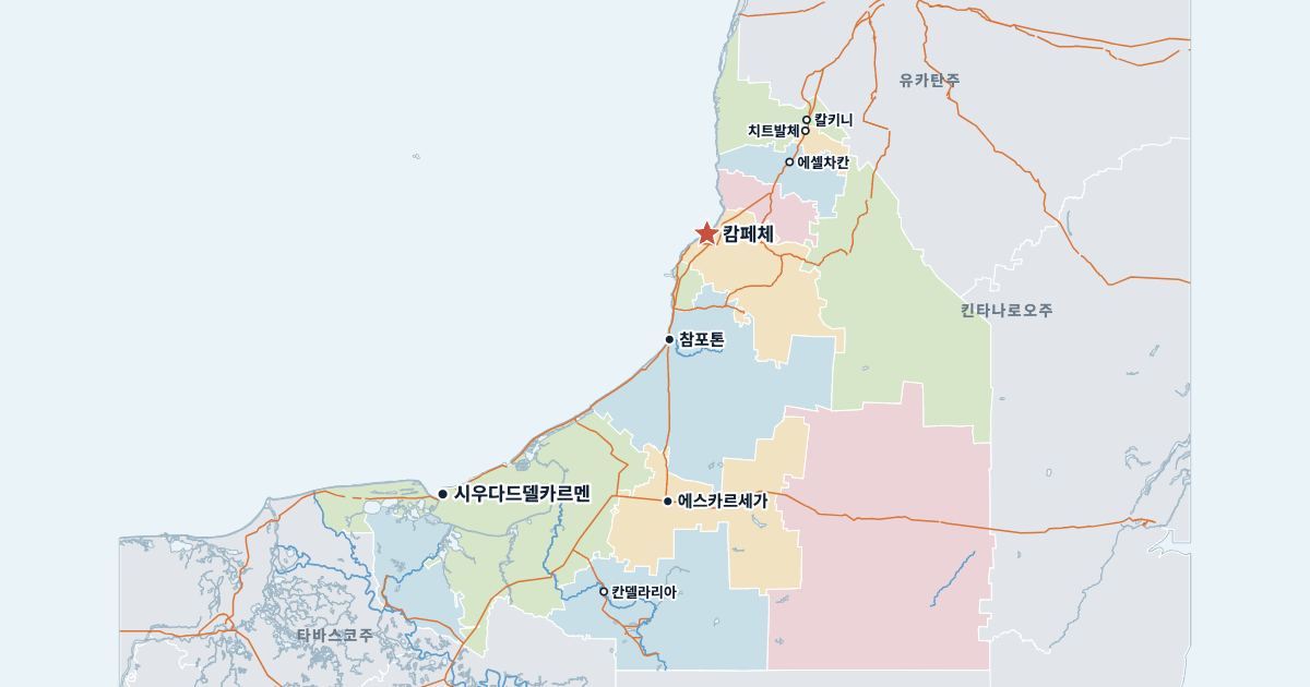캄페체주 지도(주요 도시 포함)