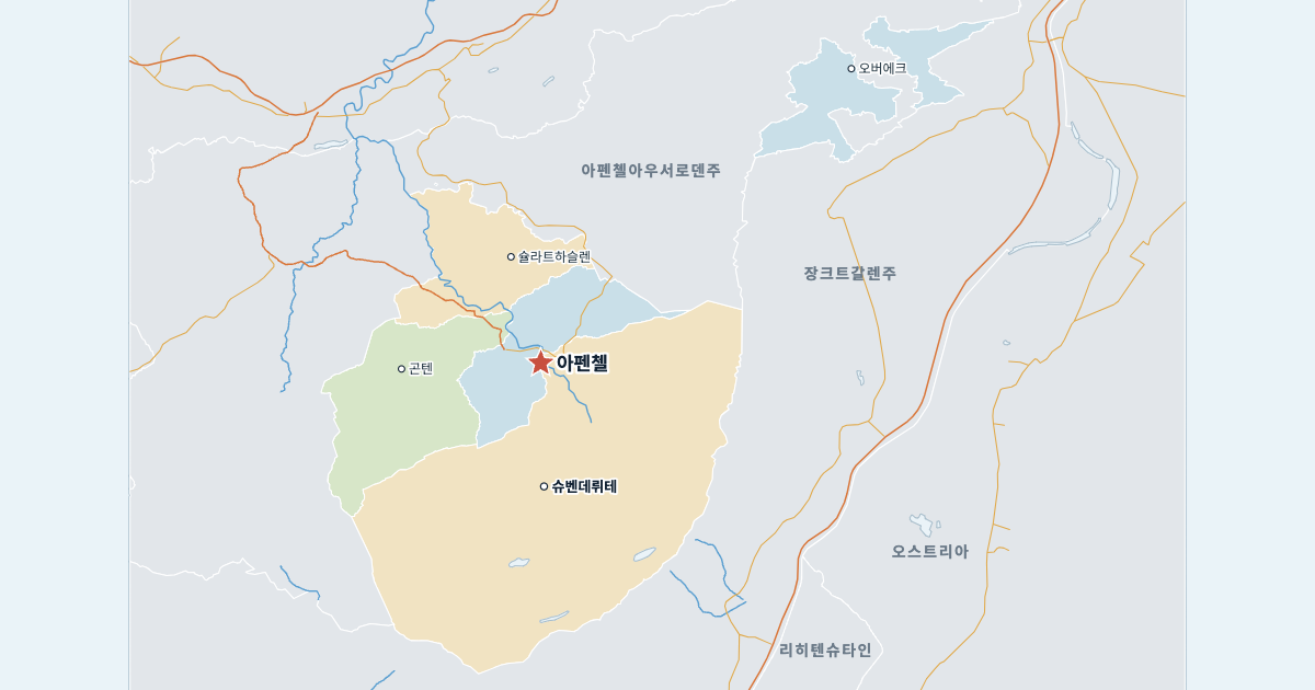 아펜첼이너로덴주 지도(주요 도시 포함)
