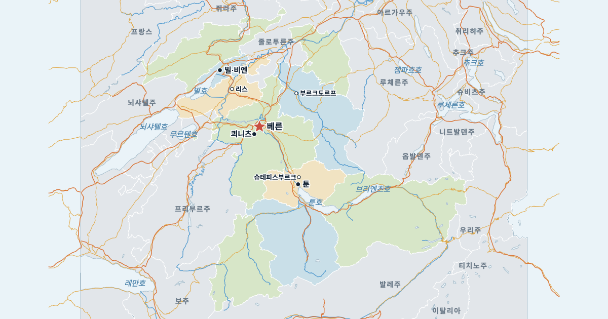 베른주 지도(주요 도시 포함)