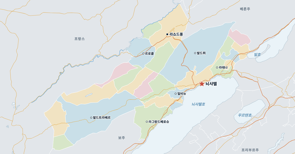 뇌샤텔주 지도(주요 도시 포함)