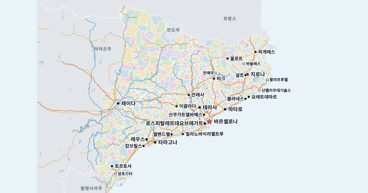 카탈루냐주 지도(주요 도시 포함)