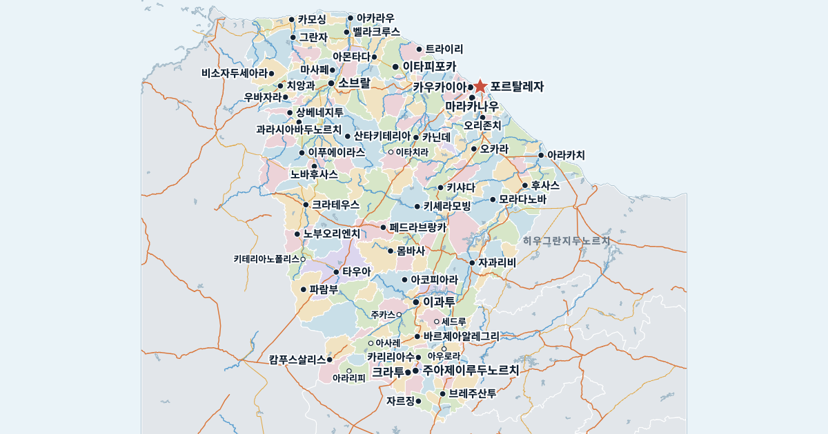 세아라주 지도(주요 도시 포함)
