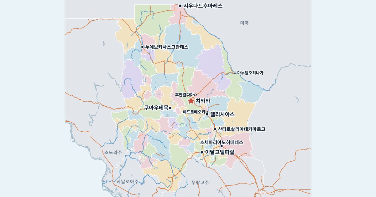 치와와주 지도(주요 도시 포함)