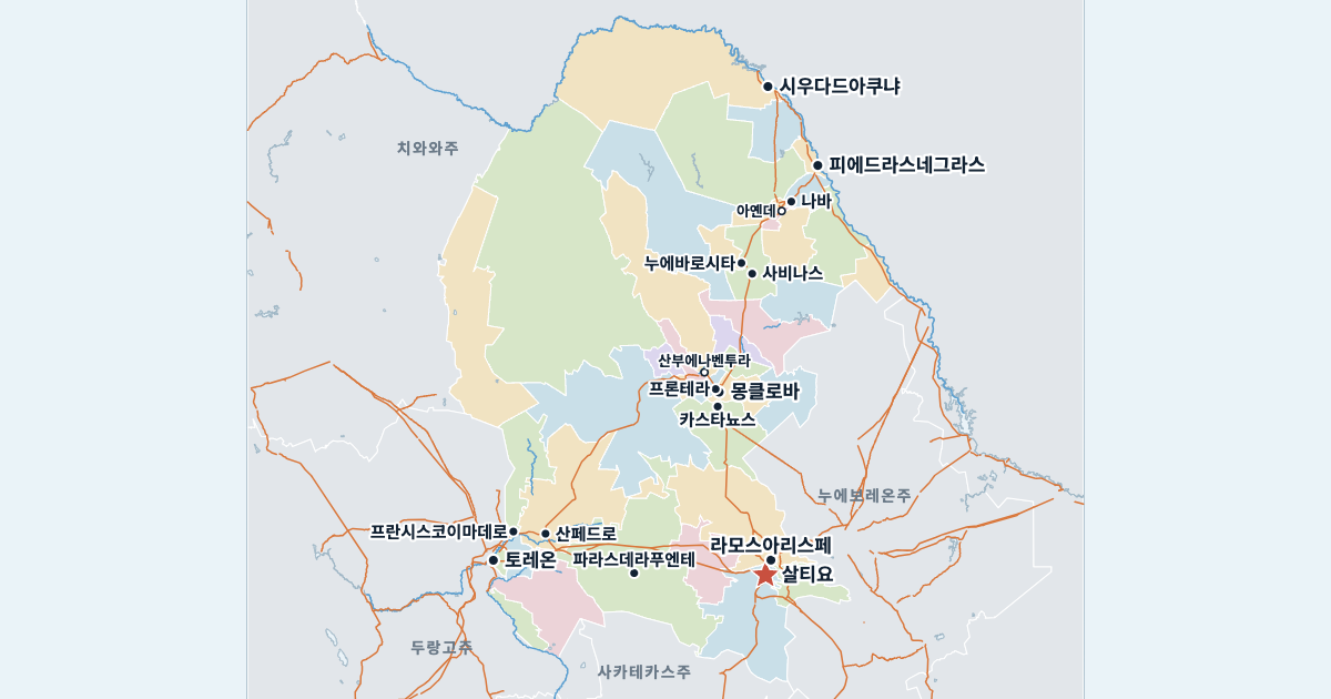 코아우일라주 지도(주요 도시 포함)