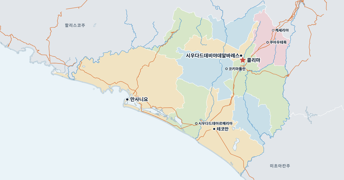 콜리마주 지도(주요 도시 포함)