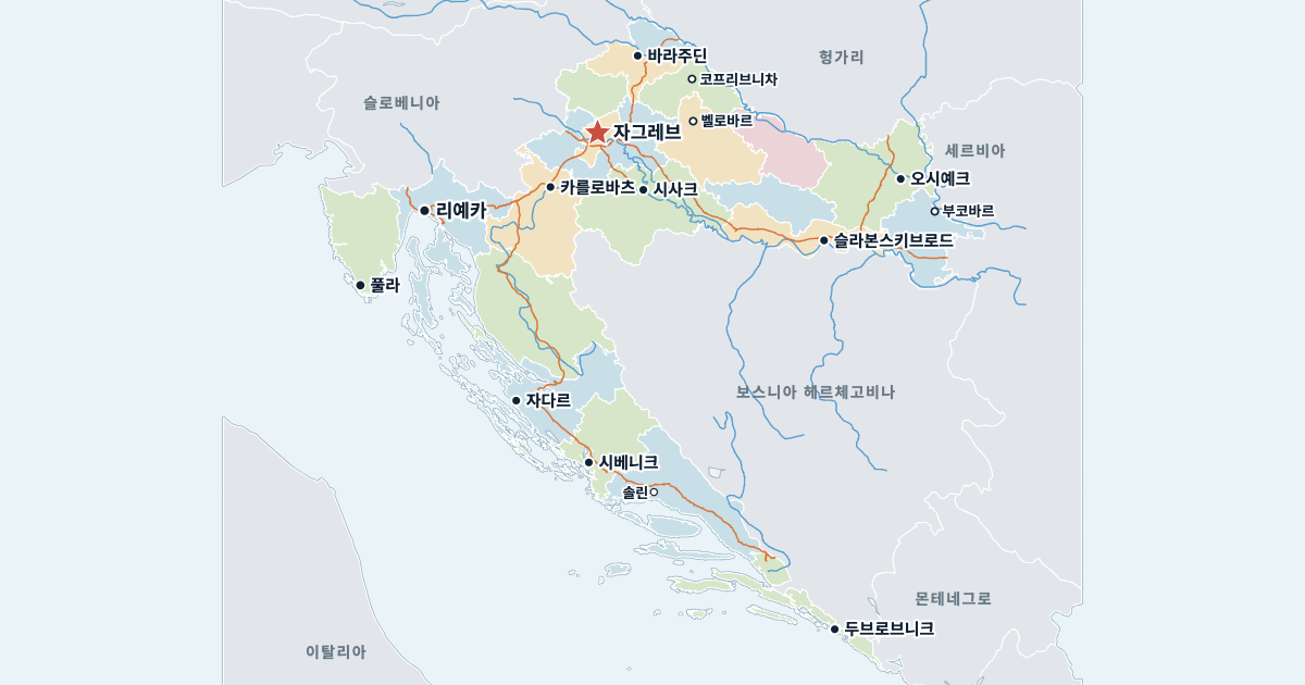 크로아티아 지도(주요 도시 포함)