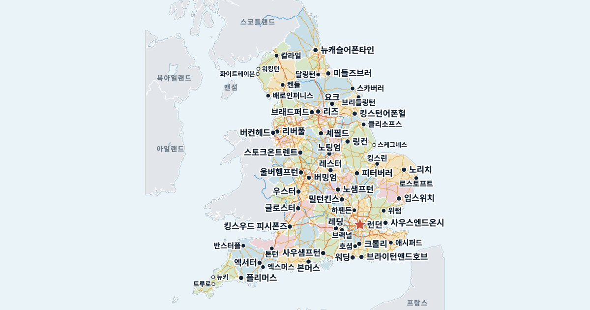잉글랜드 지도(주요 도시 포함)