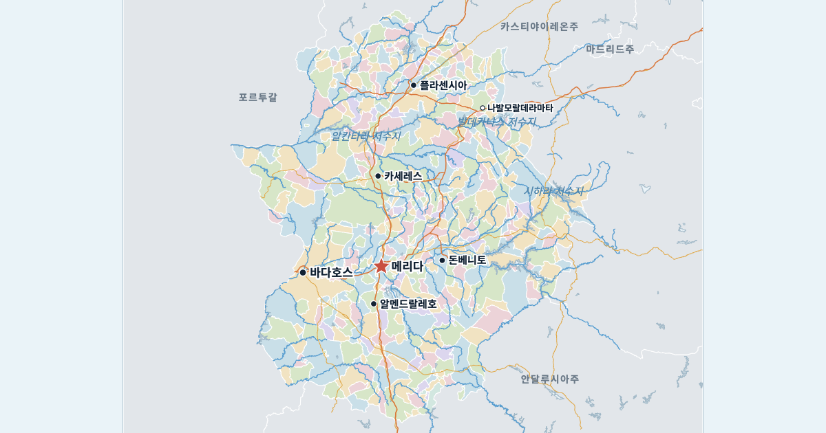 엑스트레마두라주 지도(주요 도시 포함)