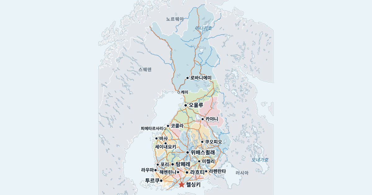 핀란드 지도(주요 도시 포함)