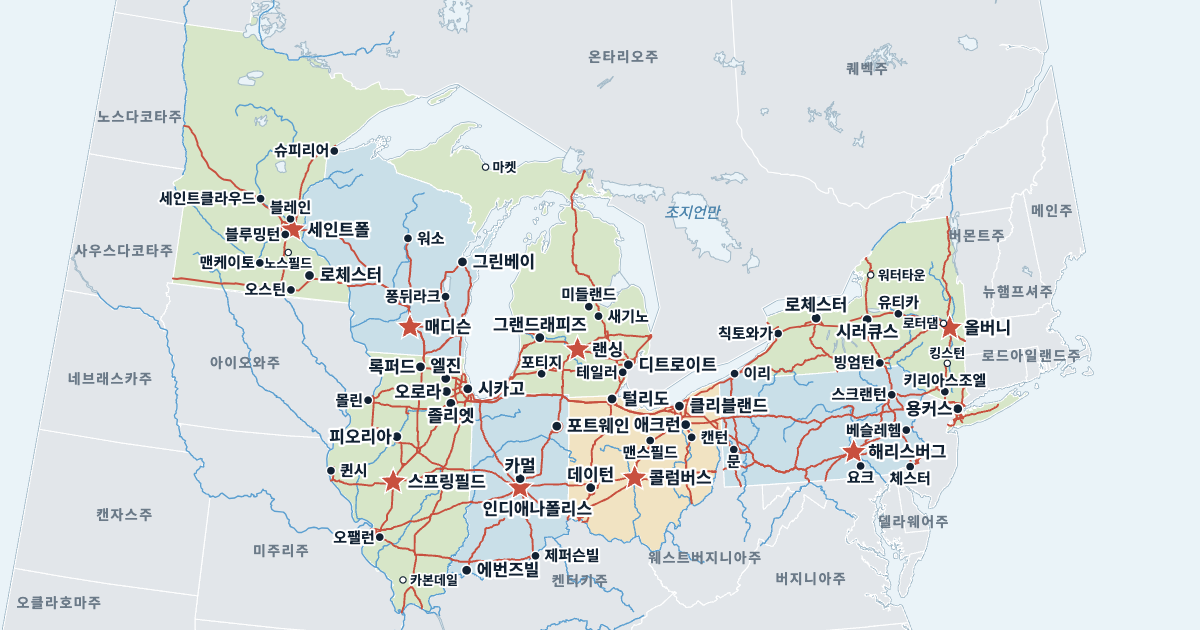 오대호 지역 지도(주와 주요 도시 포함)