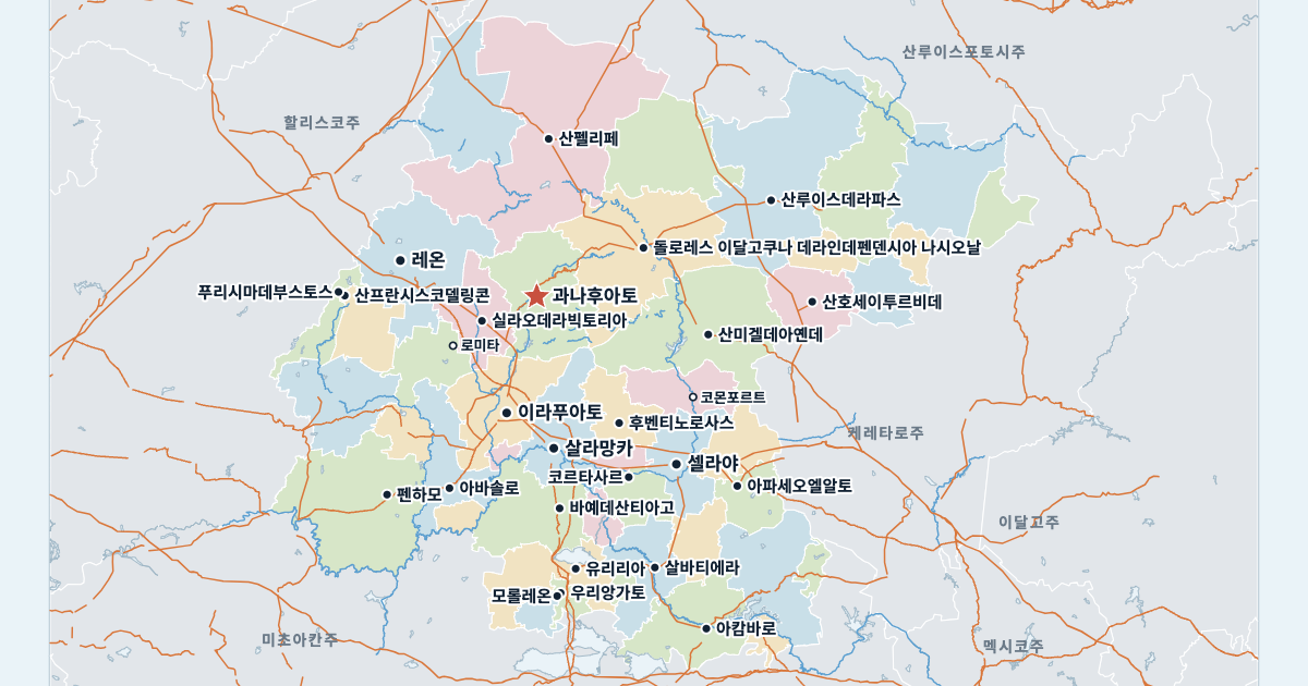 과나후아토주 지도(주요 도시 포함)