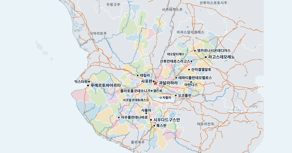 할리스코주 지도(주요 도시 포함)