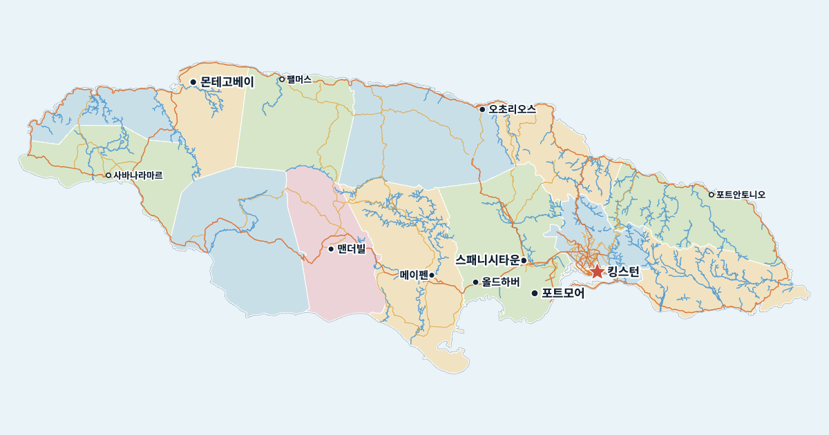 자메이카 지도(주요 도시 포함)