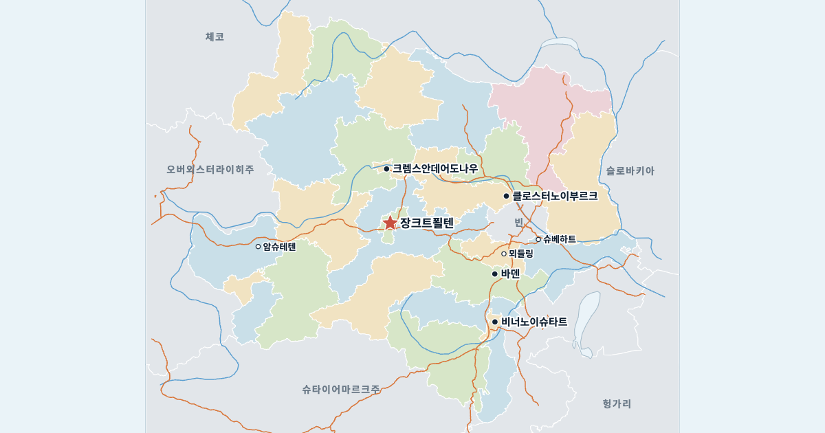 니더외스터라이히주 지도(주요 도시 포함)