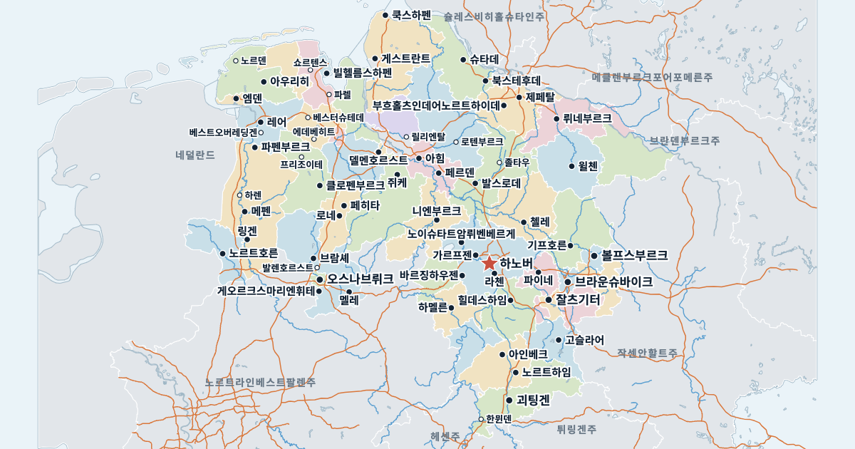 니더작센주 지도(주요 도시 포함)