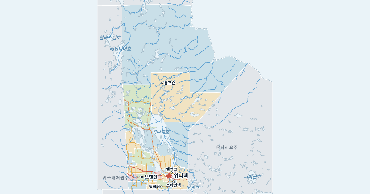 매니토바주 지도(주요 도시 포함)