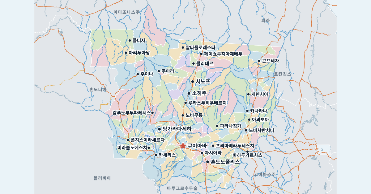마투그로수주 지도(주요 도시 포함)
