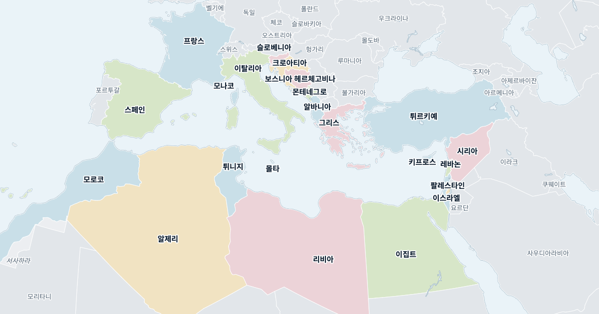 지중해 지도: 모든 나라의 이름 표시