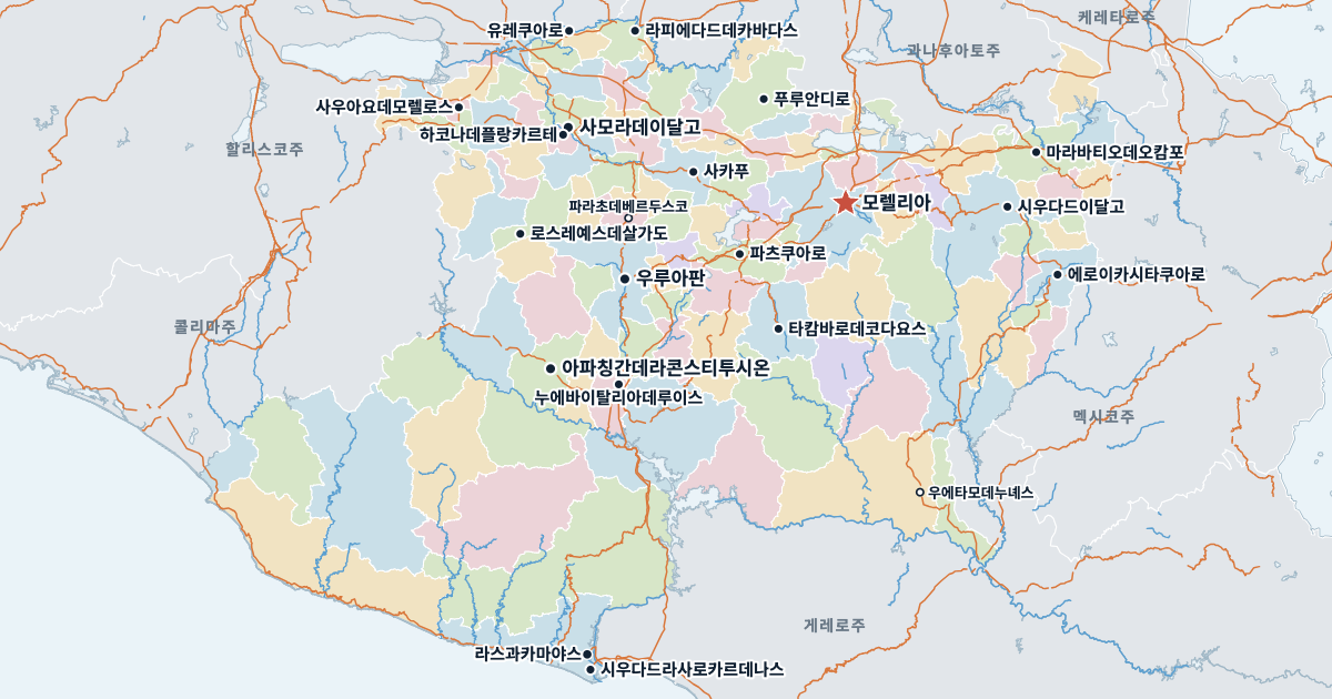 미초아칸주 지도(주요 도시 포함)