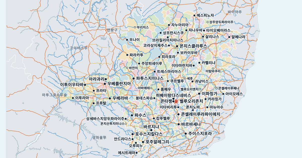 미나스제라이스주 지도(주요 도시 포함)