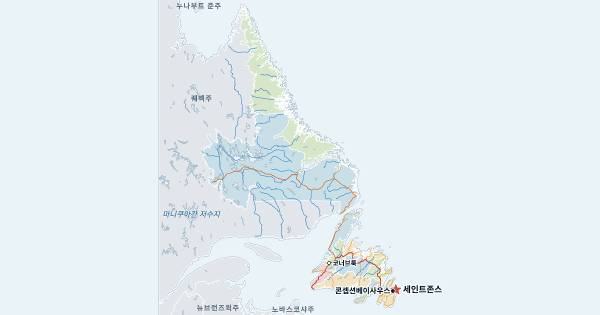 뉴펀들랜드래브라도주 지도(주요 도시 포함)