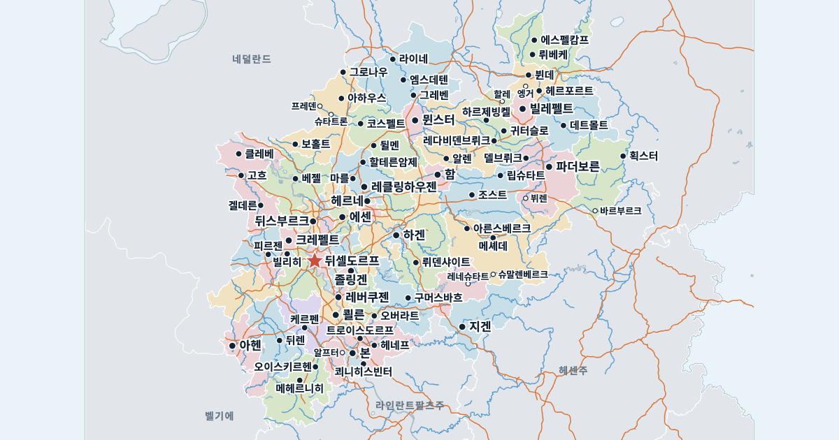 노르트라인베스트팔렌주 지도(주요 도시 포함)