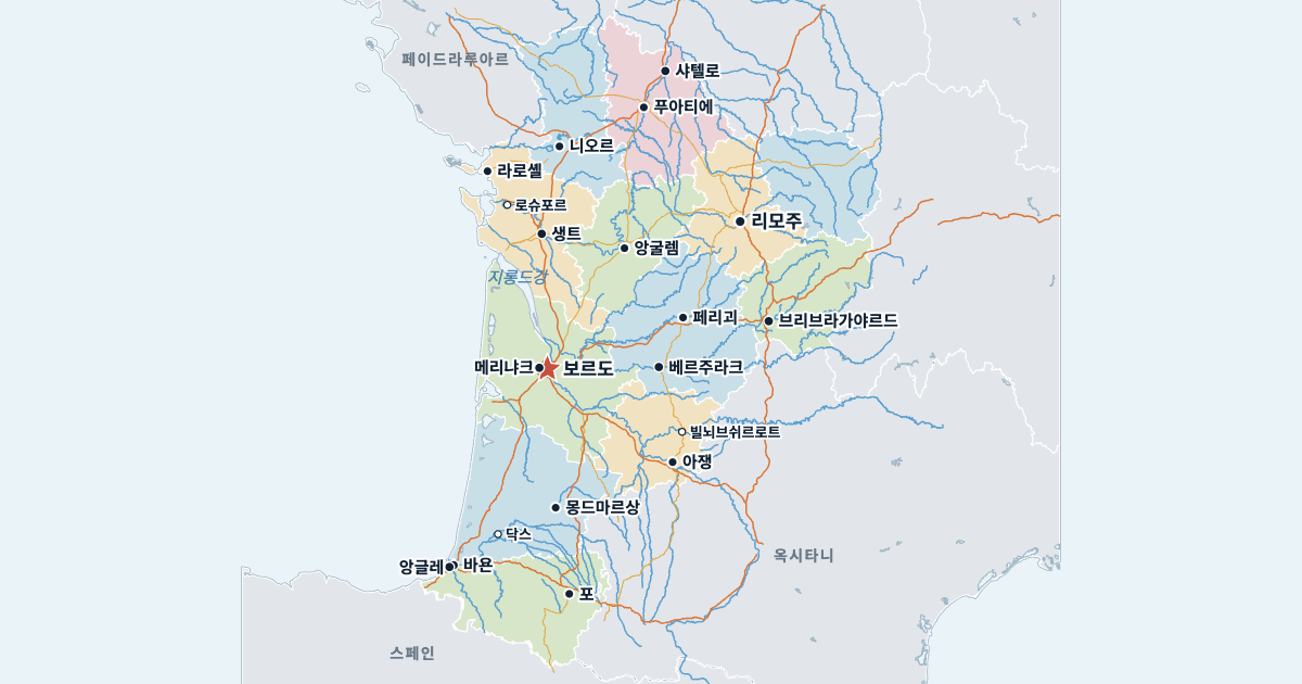 누벨아키텐 지도(주요 도시 포함)