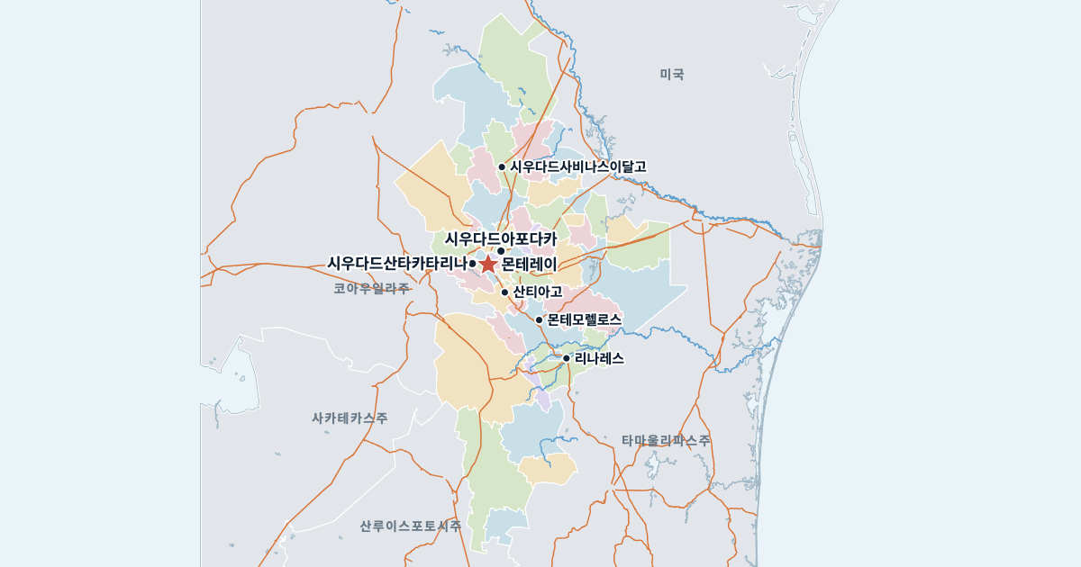 누에보레온주 지도(주요 도시 포함)
