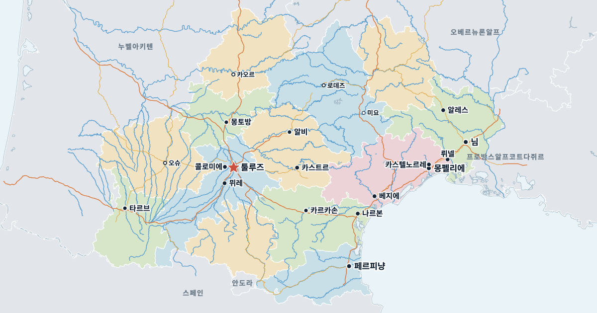 옥시타니 지도(주요 도시 포함)