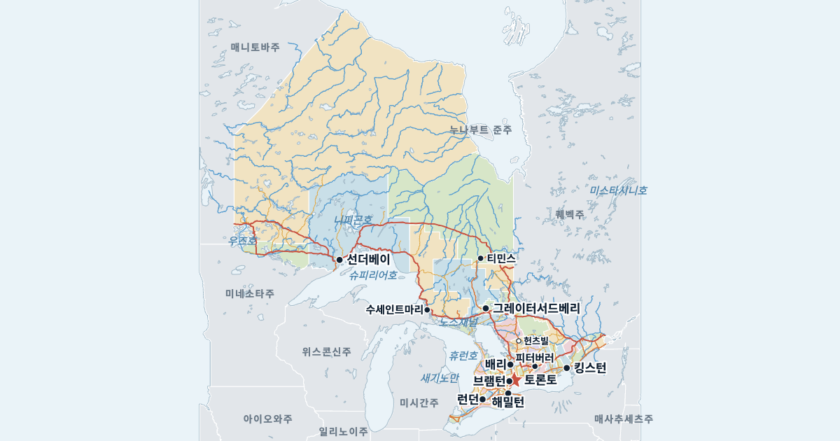 온타리오주 지도(주요 도시 포함)