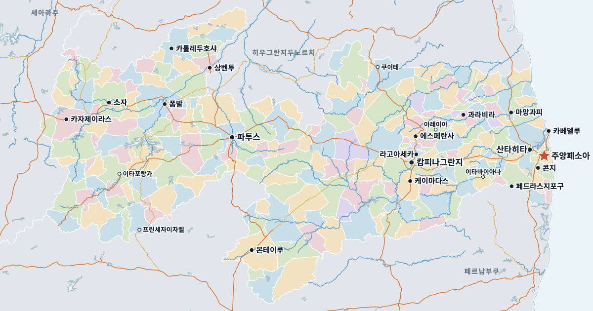파라이바주 지도(주요 도시 포함)