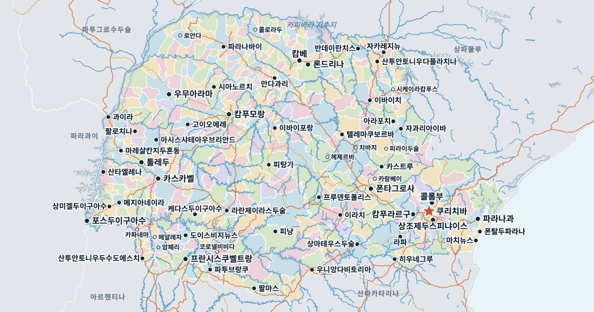 파라나주 지도(주요 도시 포함)
