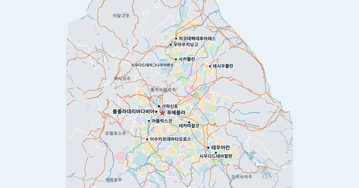 푸에블라주 지도(주요 도시 포함)