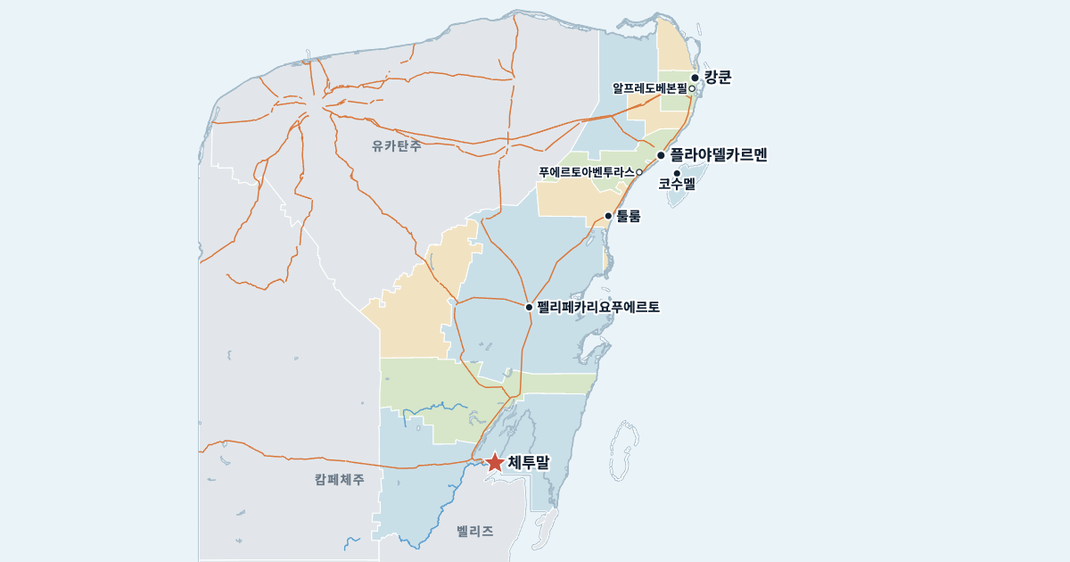 킨타나로오주 지도(주요 도시 포함)