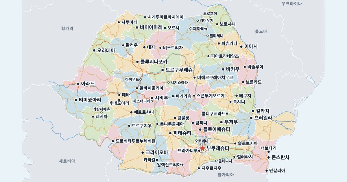 루마니아 지도(주요 도시 포함)