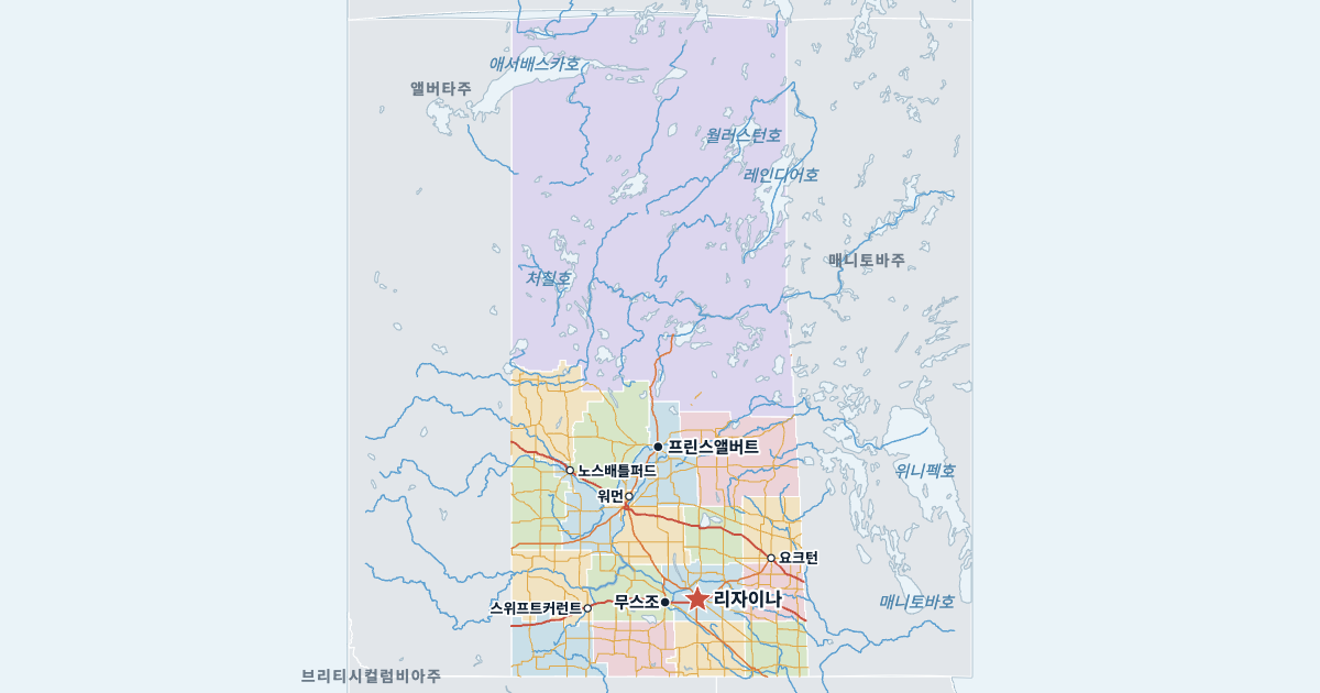 서스캐처원주 지도(주요 도시 포함)