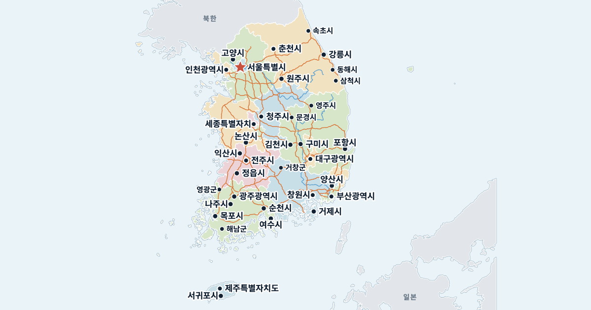 대한민국 지도(주요 도시 포함)