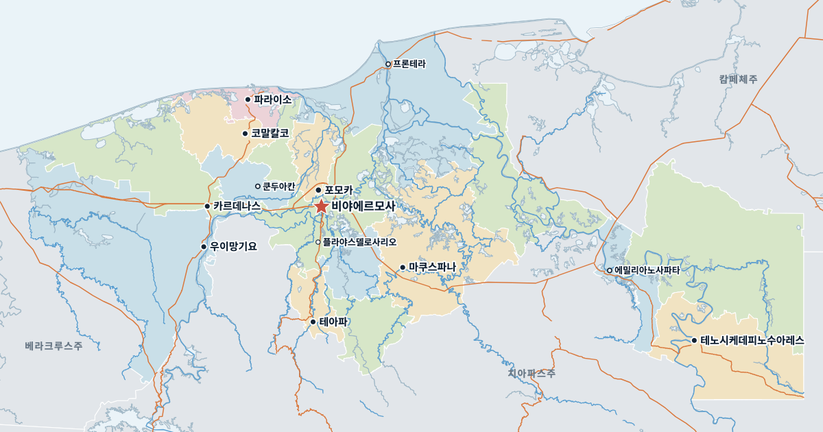 타바스코주 지도(주요 도시 포함)