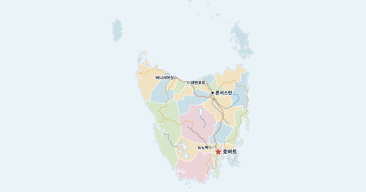 태즈메이니아주 지도(주요 도시 포함)