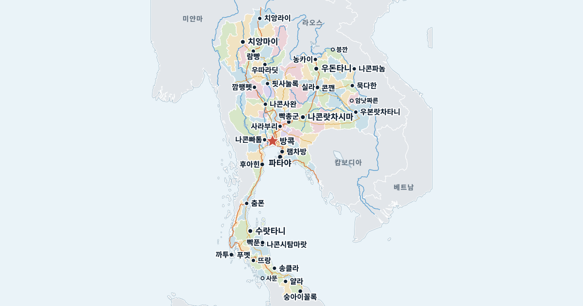 태국 지도(주요 도시 포함)